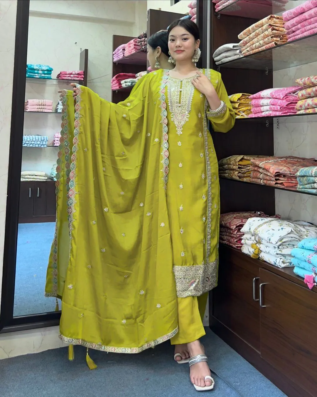 SRK 5148 Mehndi Green Color Pure Chinnon Silk Embroidery Sequence Salwar Suit Wedding, Party, Festive, Events Expected Delivery 4-6 Working Days @ 1950/- | Jump Suits, Salwar suit, Casual Suits, Creative suits, Designer Suits, Palazzo Suits, Party Wear Suits, Patiala Suits, Straight Suits