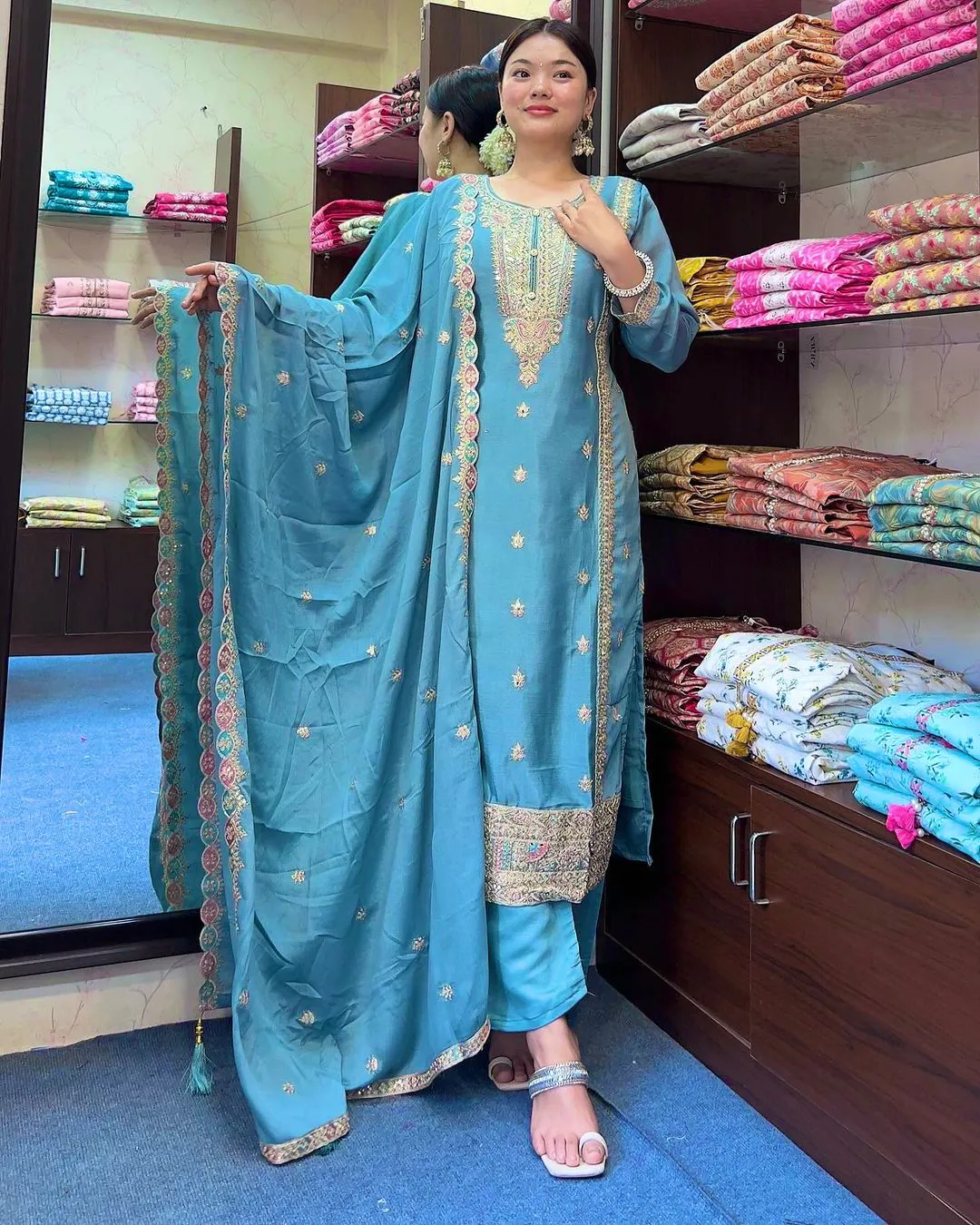 SRK-5148 Sky Blue Color Pure Chinnon Silk Embroidery Sequence Salwar Suit Wedding, Party, Festive, Events Expected Delivery 4-6 Working Days @ 1950/- | Jump Suits, Salwar suit, Casual Suits, Creative suits, Designer Suits, Palazzo Suits, Party Wear Suits, Patiala Suits, Straight Suits