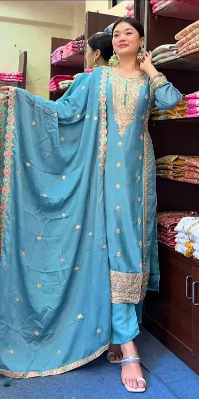 SRK-5148 Sky Blue Color Pure Chinnon Silk Embroidery Sequence Salwar Suit Wedding, Party, Festive, Events Expected Delivery 4-6 Working Days @ 1950/- | Jump Suits, Salwar suit, Casual Suits, Creative suits, Designer Suits, Palazzo Suits, Party Wear Suits, Patiala Suits, Straight Suits
