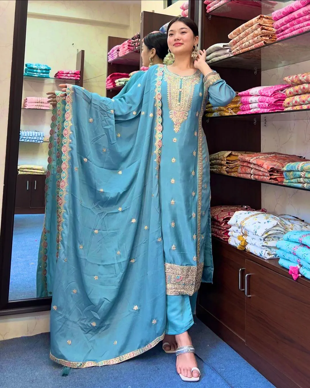 SRK-5148 Sky Blue Color Pure Chinnon Silk Embroidery Sequence Salwar Suit Wedding, Party, Festive, Events Expected Delivery 4-6 Working Days @ 1950/- | Jump Suits, Salwar suit, Casual Suits, Creative suits, Designer Suits, Palazzo Suits, Party Wear Suits, Patiala Suits, Straight Suits