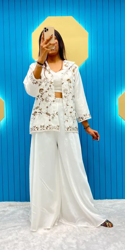  LG 1798 White Color Fiona Silk Koti / Blazer Sequence Embroidery Salwar Suit Casual, Wedding, Festive, Events Expected Delivery 4-6 Working Days @1949/- | Jump Suits, Salwar suit, Casual Suits, Creative suits, Designer Suits, Palazzo Suits, Party Wear Suits, Patiala Suits, Straight Suits