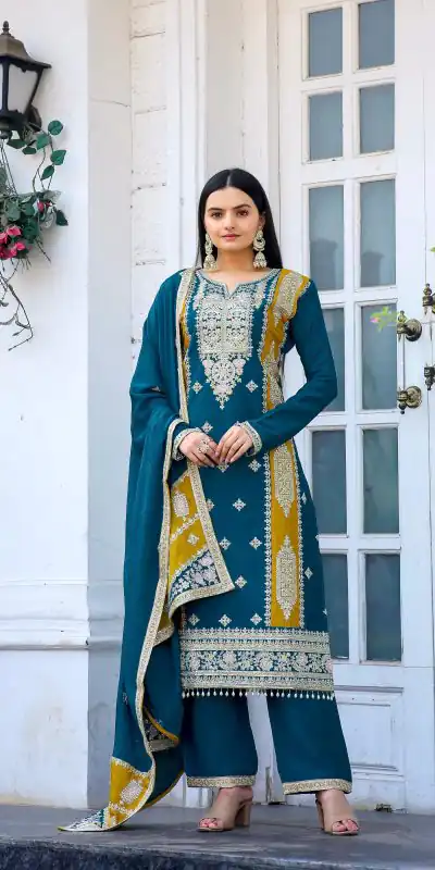 Perfect Blue Color Chinon Silk Embroidery Sequence Sharara Suit
