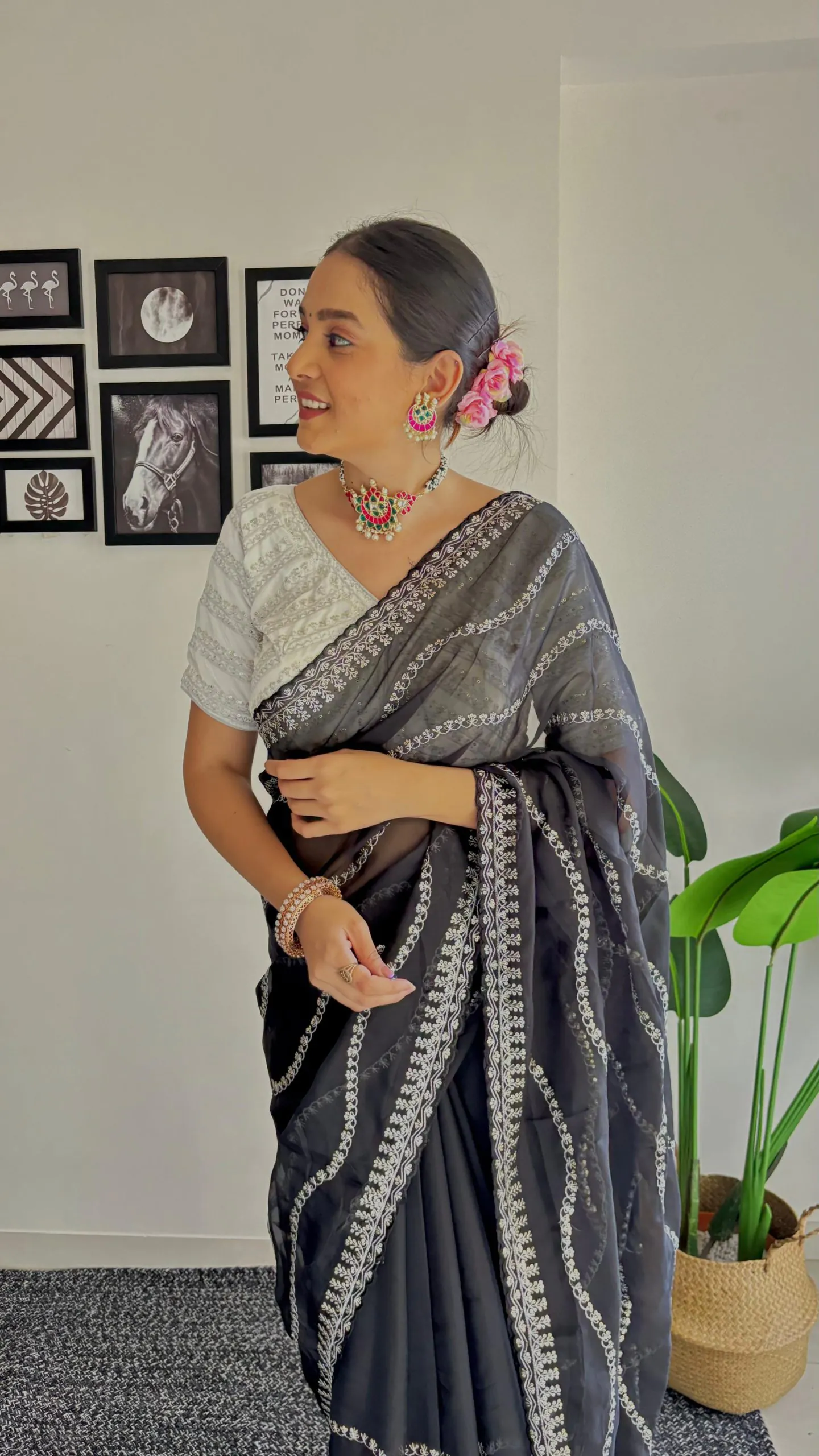 Black Soft Organza Zari Sequence Saree - Image 2