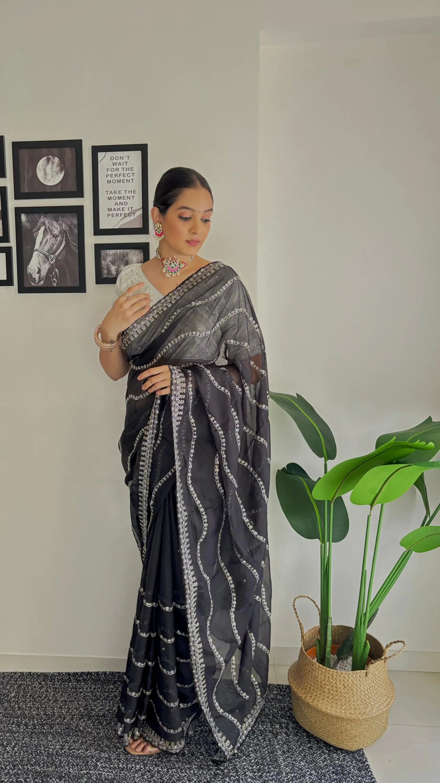 Pretty Black Color Soft Organza Zari With Sequence Saree