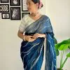 Blue Soft Organza Zari Sequence Saree