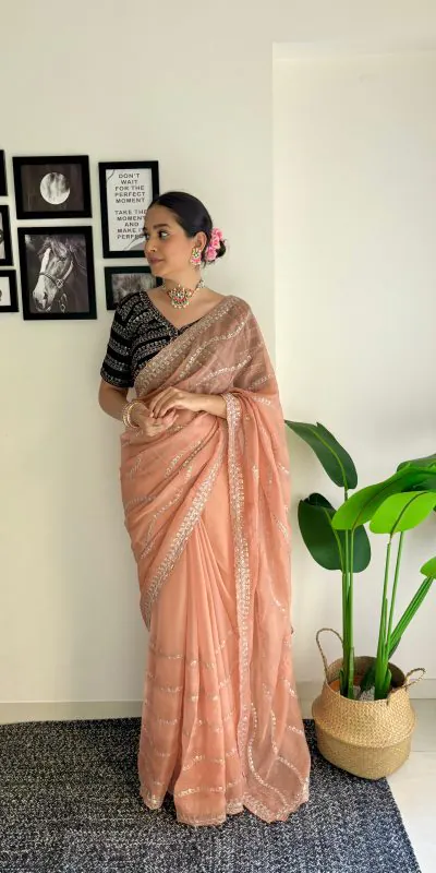 Pretty Peach Color Soft Organza Zari With Sequence Saree