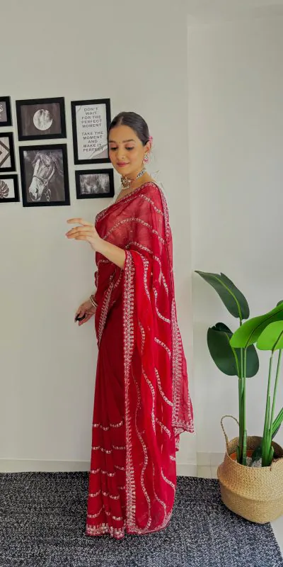 AC BROWNIE Red Color Soft Organza Zari With Sequence Saree Blouse :Heavy Velvet   Casual, Wedding, Festive, Events Expected Delivery 4-6 Working Days @1999 | Sarees, Bollywood Sarees, Creative Sarees, Designer Sarees, Embroidered Sarees, Ethnic Saree, Modern Digital sarees, Party Wear Sarees
