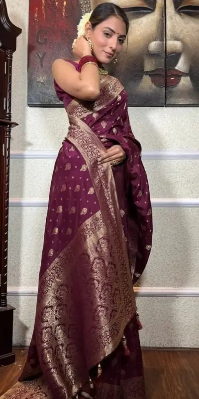 DDF 128 Purple Color Banarasi Soft Silk Extra Ordinary Design Saree Casual, Party Wear, Events, Festivals Etc. Expected Delivery 4-6 Working Days 1399/- | Sarees, Bollywood Sarees, Creative Sarees, Designer Sarees, Embroidered Sarees, Ethnic Saree, Modern Digital sarees, Party Wear Sarees