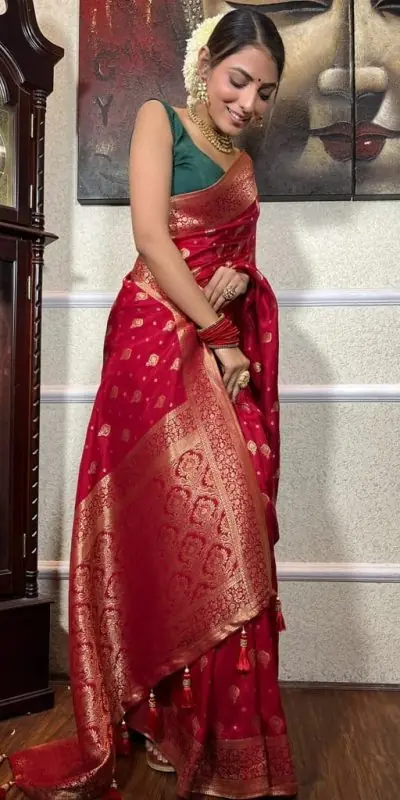 DDF 128 Red Color Banarasi Soft Silk Extra Ordinary Design Saree Casual, Party Wear, Events, Festivals Etc. Expected Delivery 4-6 Working Days 1399/- | Sarees, Bollywood Sarees, Creative Sarees, Designer Sarees, Embroidered Sarees, Ethnic Saree, Modern Digital sarees, Party Wear Sarees