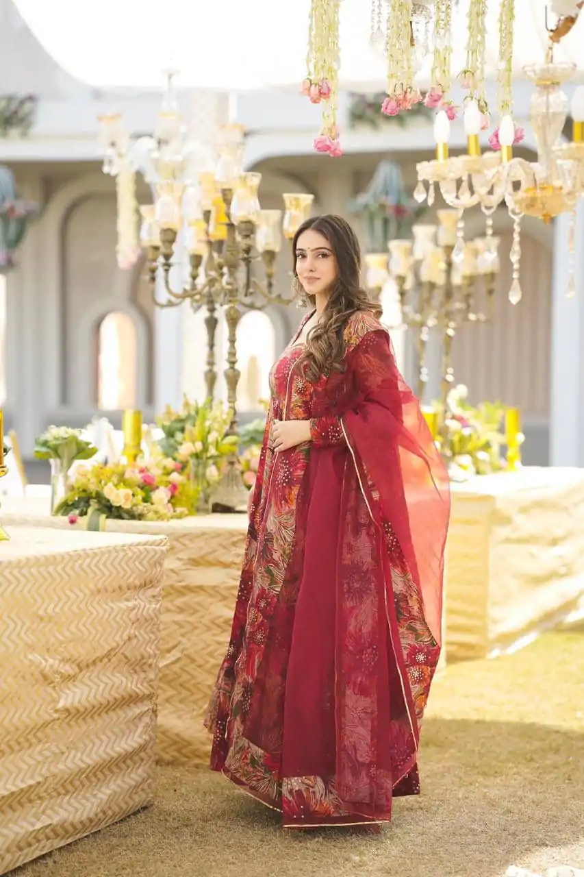 DC G41 Red Color Rayon Digital Printed Full Sleeves Gown Casual, Wedding, Party, Festive, Events Etc. Expected Delivery 4-6 Working Days @1949/- | Gowns, Bollywood Gowns, Creative Gowns, Designer Gowns, Embroidered Gowns, Party Wear Gowns