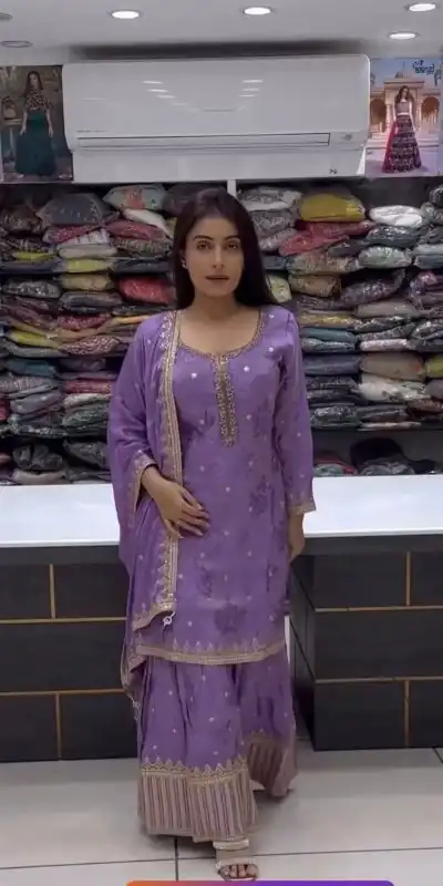 Classic Violet Color Chinnon Silk Embroidery Sequins Sharara Suit