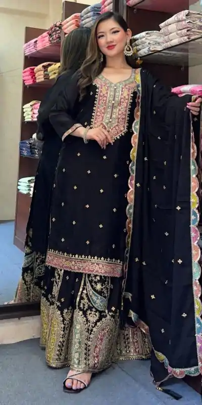 Cute Black Color Chinnon Silk Embroidery Sequence Salwar Suit