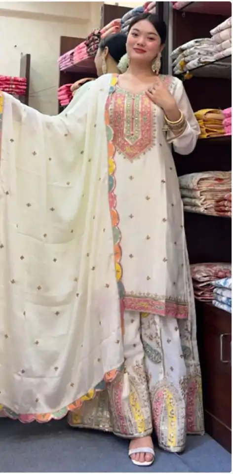 ZF 377 White Color Chinnon Silk Embroidery Sequence Salwar Suit Casual, Wedding, Party, Events Etc. Expected Delivery 4-6 Working Days 2499/- | Jump Suits, Salwar suit, Casual Suits, Creative suits, Designer Suits, Palazzo Suits, Party Wear Suits, Patiala Suits, Straight Suits