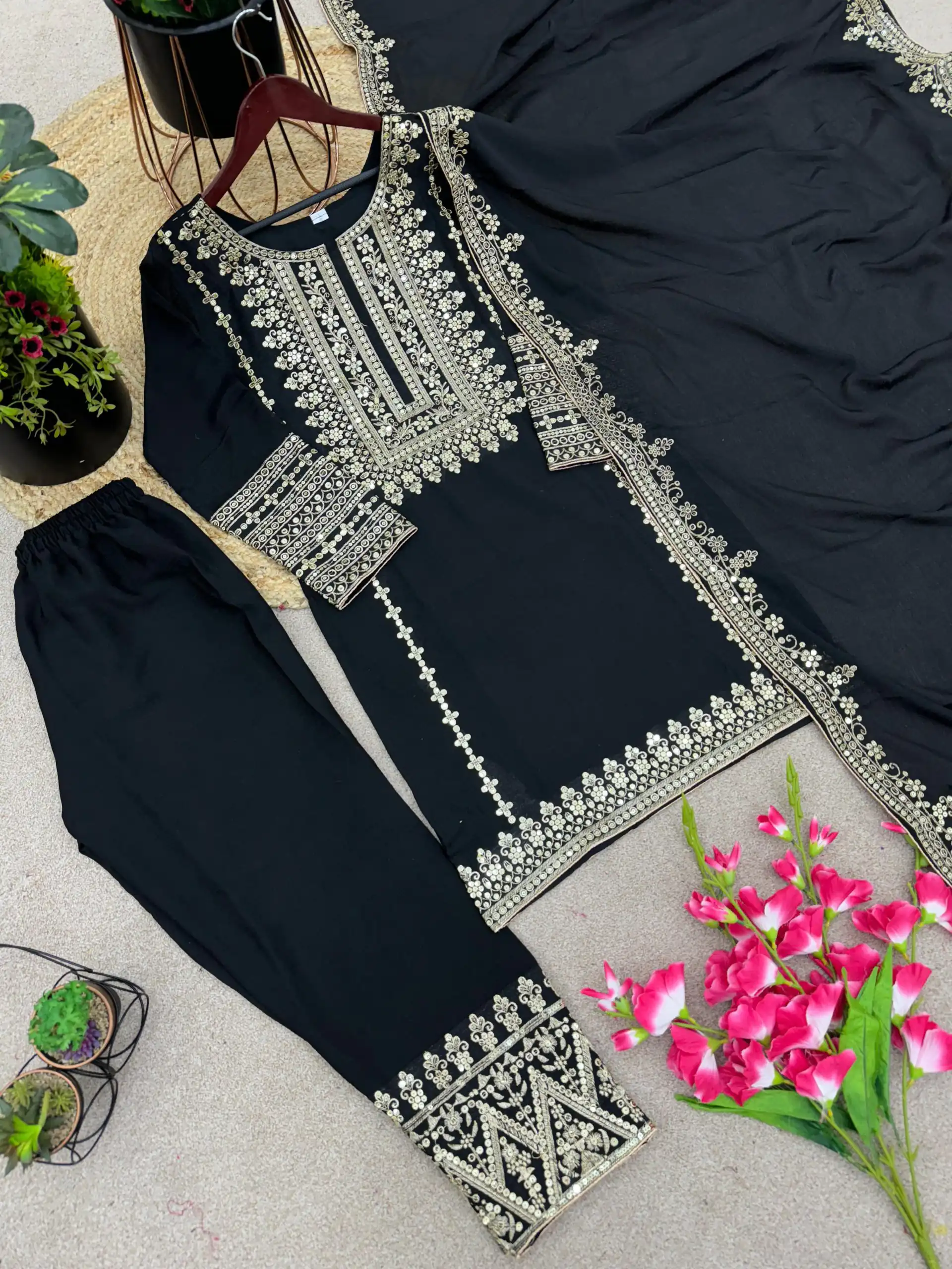 Elegant Black Color Pure Chinnon Silk Embroidery Salwar Suit