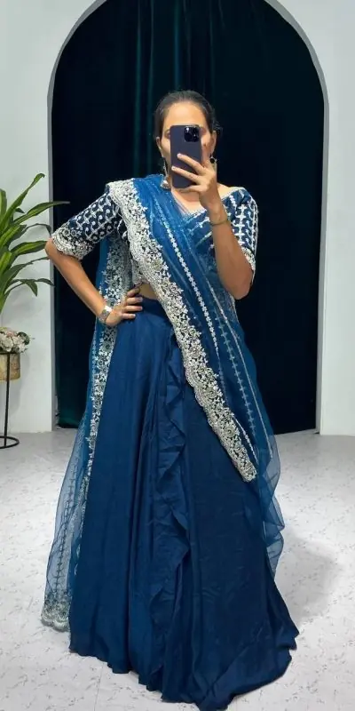 ST 1036 Royal Blue Color Blooming Vichitra Embroidery Lehenga Saree Casual, Wedding, Party, Festive, Events Etc. Expected Delivery 4-6 Working Days @2199/- | Lehenga, Bollywood Lehenga, Creative Lehenga, Designer Lehenga, Embroidered Lehenga, Party Wear Lehenga
