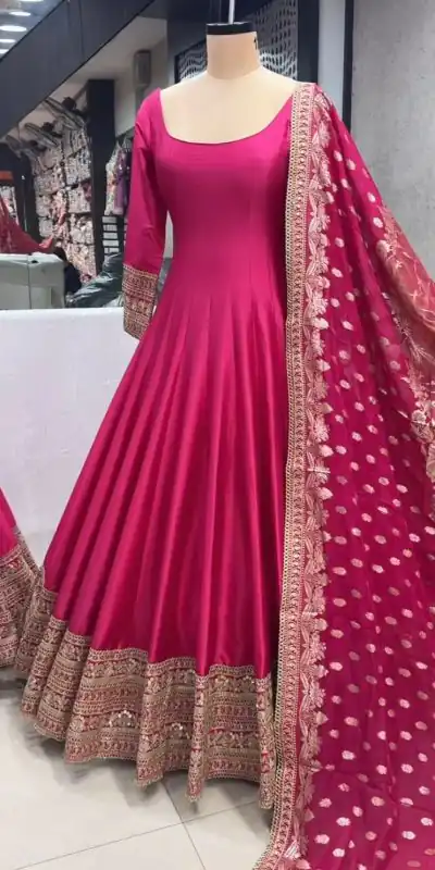 Majestic Pink Color Heavy Chinon Silk Embroidery Sequence Work Gown