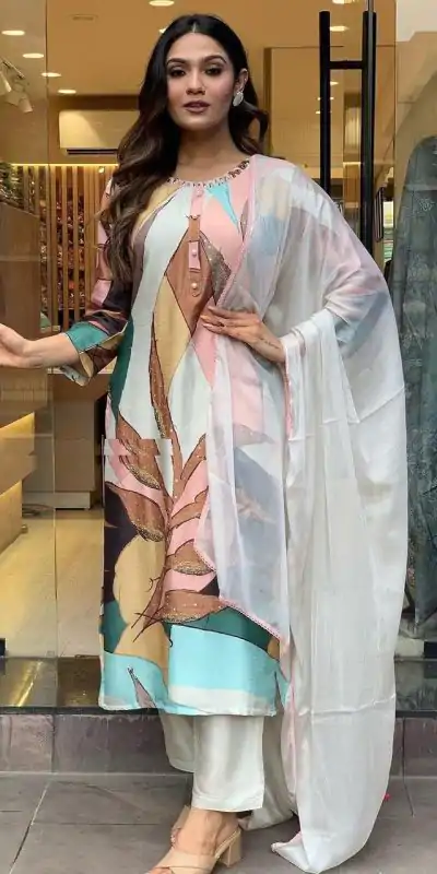 Perfect Malty Color Muslin Embroidery Chain Works Salwar Suit