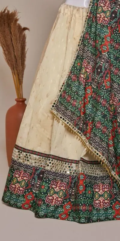 Pretty Cream Jaccard Silk Dori Embroidery Printed Lehenga Choli