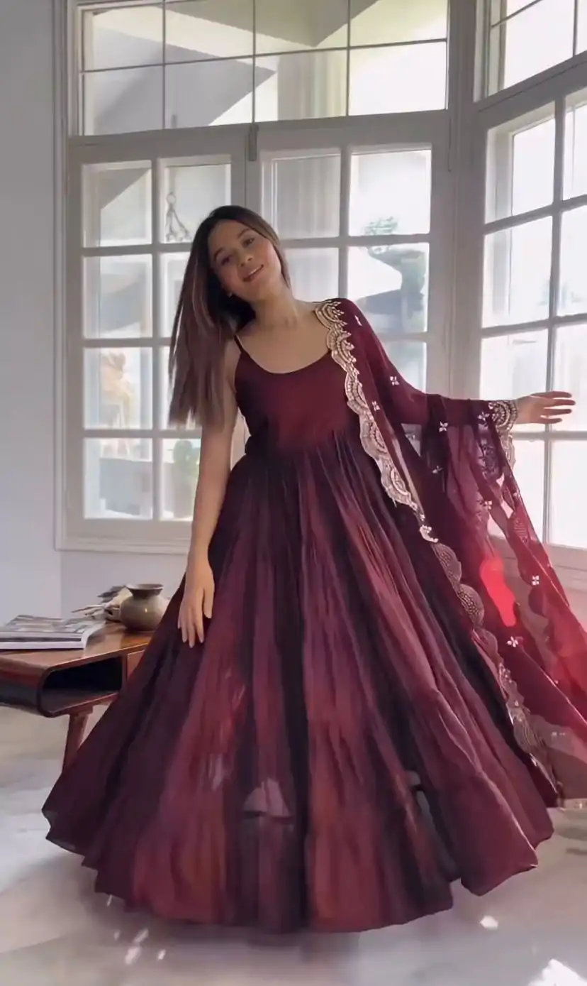 SSR 391 Maroon Color Chinon Silk Embroidery Sequence Anarkali Suit Wedding, Party, Festive, Events Expected Delivery 4-6 Working Days @ 1849/- Only | Anarkali Suits, Bollywood Anarkali, Creative-Anarkali, Designer Anarkali, Embroidered Anarkali, Party Wear Anarkali, Straight Suits