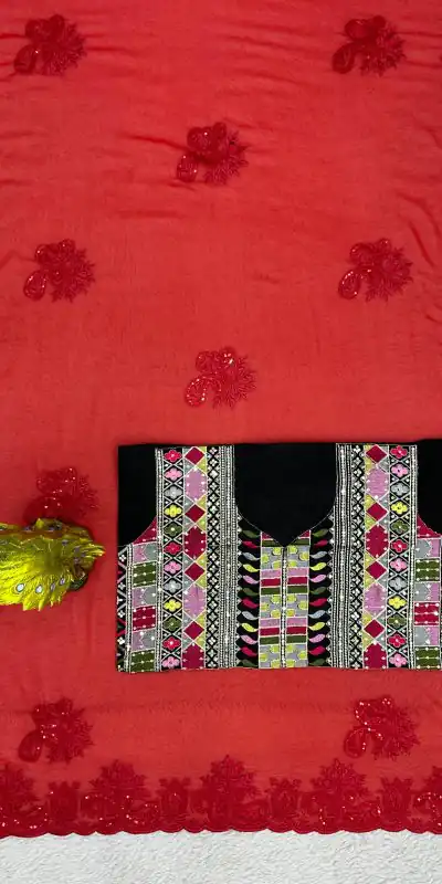 Stunning Red Color Faux Georgette Thread With Sequence Saree