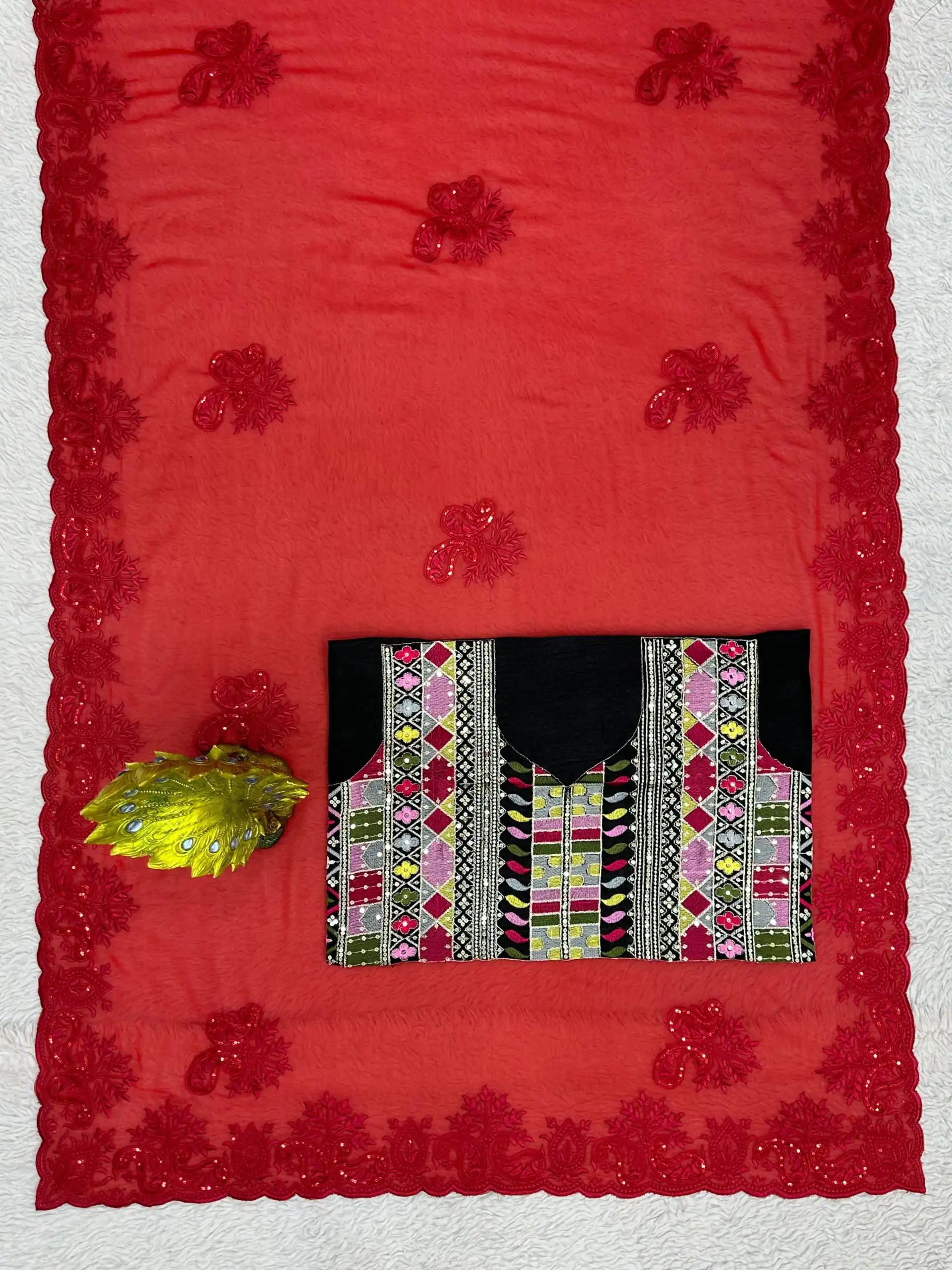 Stunning Red Color Faux Georgette Thread With Sequence Saree