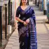 Blue Plain Linen Digital Printed All Over Work Saree