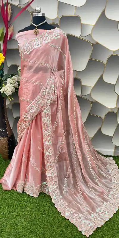 Aglow Peach Color Jimi Choo Silk Beautiful Embroidery Saree