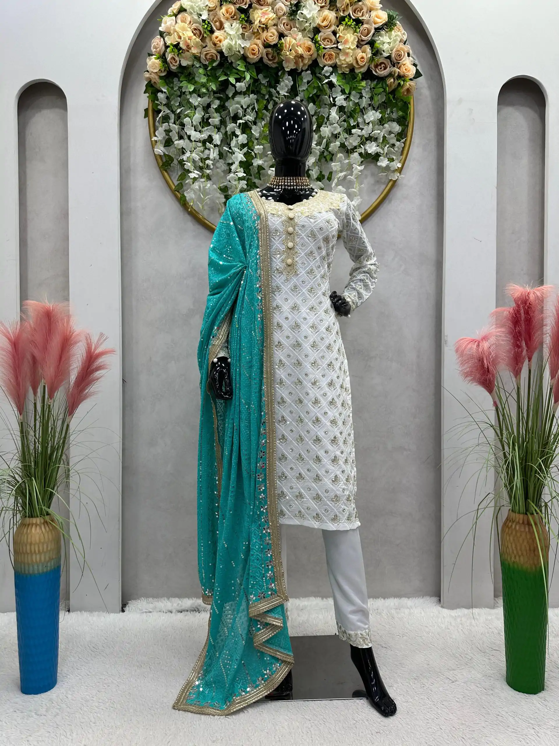 RTC 5699 White & Blue Color Foix Georgette Thread Sequence Work Salwar Suit Wedding, Party, Festive, Events Etc. Expected Delivery 4-6 Working Days @2499/ | Jump Suits, Salwar suit, Casual Suits, Creative suits, Designer Suits, Palazzo Suits, Party Wear Suits, Patiala Suits, Straight Suits