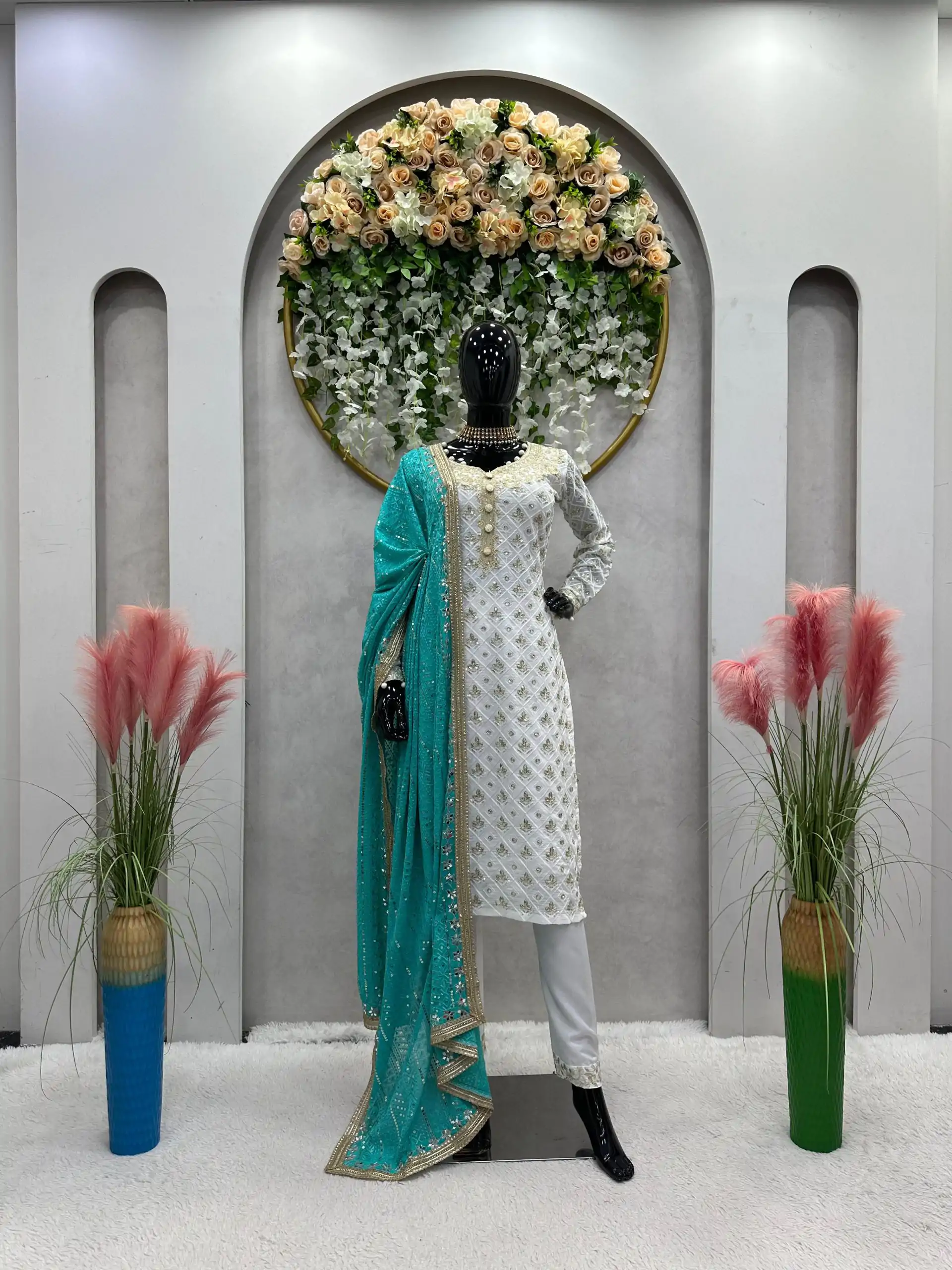 RTC 5699 White & Blue Color Foix Georgette Thread Sequence Work Salwar Suit Wedding, Party, Festive, Events Etc. Expected Delivery 4-6 Working Days @2499/ | Jump Suits, Salwar suit, Casual Suits, Creative suits, Designer Suits, Palazzo Suits, Party Wear Suits, Patiala Suits, Straight Suits