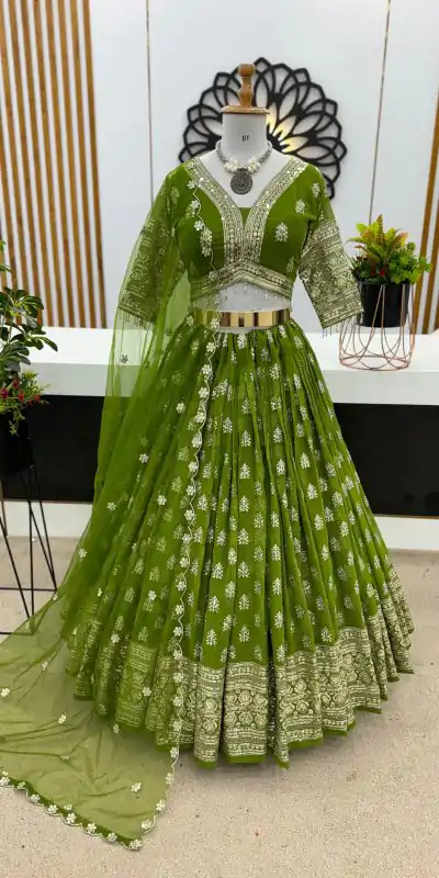 ZSR 3070 Green Color Georgette Embroidery Sequence Lehenga Choli Wedding, Party, Events Etc. Expected Delivery 4-6 Working Days 2149/- | Lehenga, Bollywood Lehenga, Creative Lehenga, Designer Lehenga, Embroidered Lehenga, Party Wear Lehenga