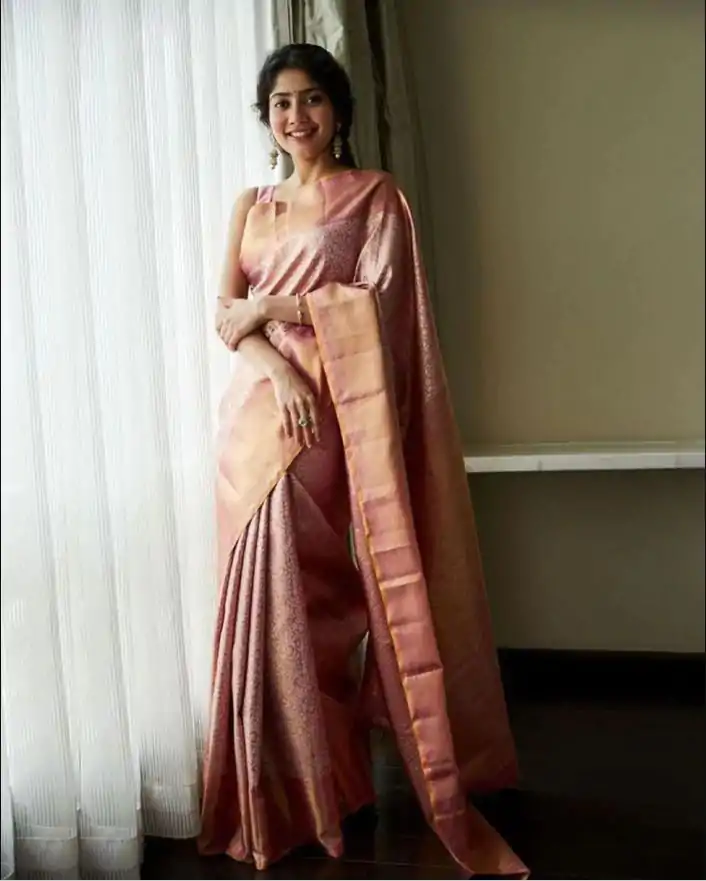 Sai Pallavi Peach Color Soft Lichi Silk Jacquard All Over Saree