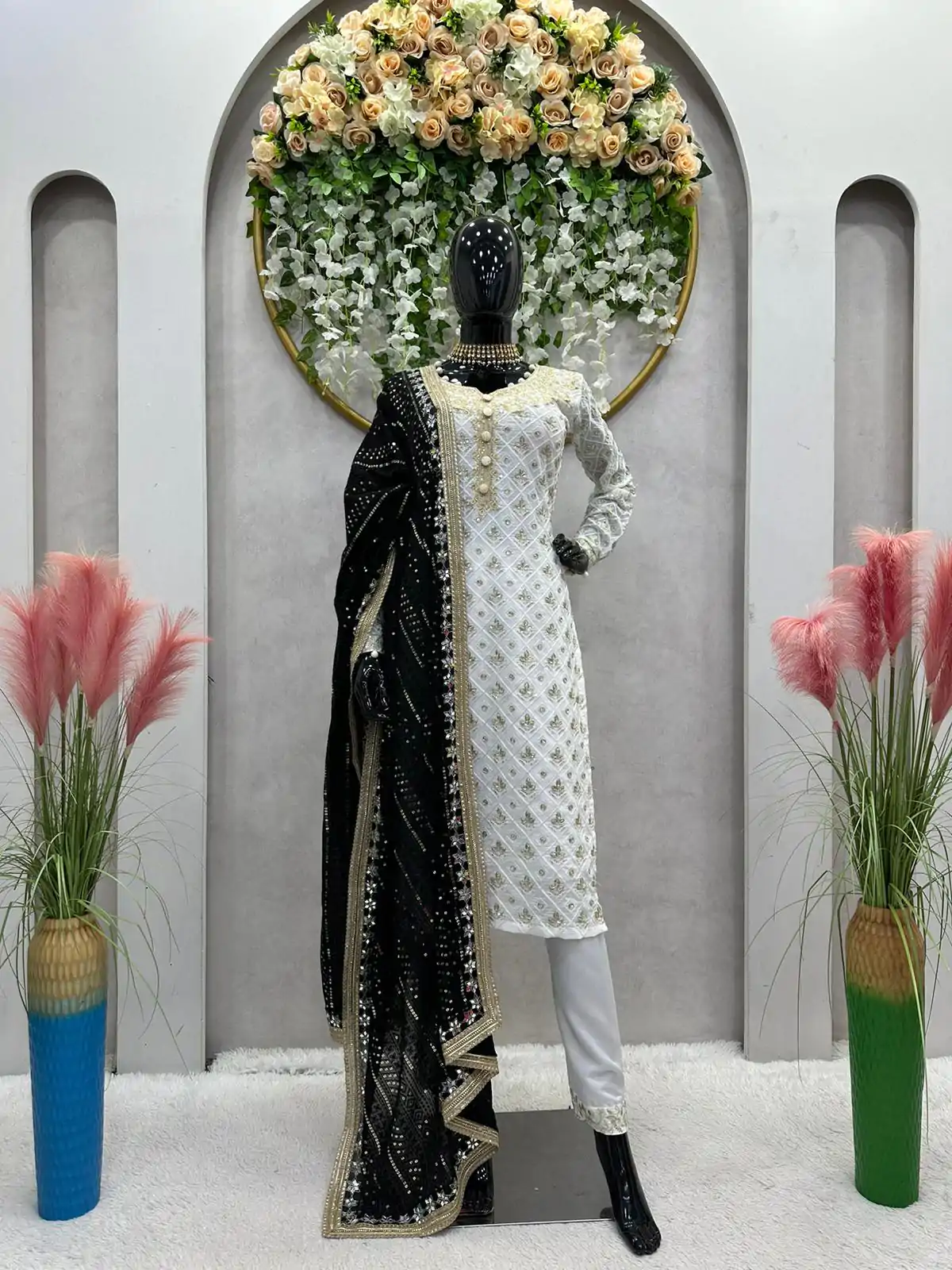RTC 5699 White & Black Color Foix Georgette Thread Sequence Work Salwar Suit Wedding, Party, Festive, Events Etc. Expected Delivery 4-6 Working Days @2499/ | Jump Suits, Salwar suit, Casual Suits, Creative suits, Designer Suits, Palazzo Suits, Party Wear Suits, Patiala Suits, Straight Suits
