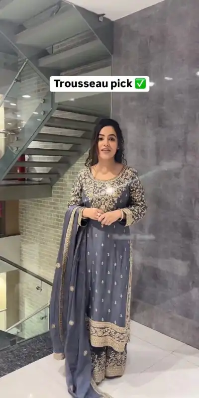 Elegant Cement Chinnon Silk Embroidery Sequence Salwar Suit