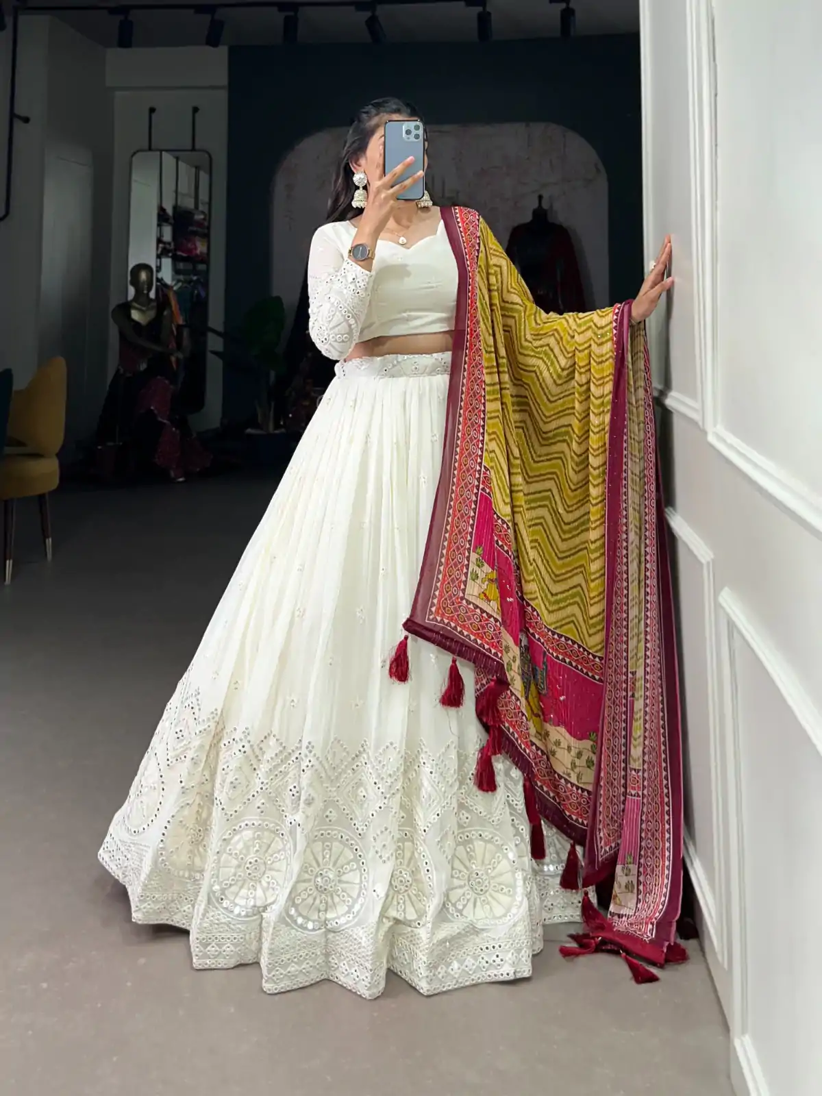 LNB 1500 White Color Georgette Lucknowi Paper Mirror Lehenga Choli Festive Party Wedding, Events etc. Delivery 4-6 Working Days @3499/- | Lehenga, Bollywood Lehenga, Creative Lehenga, Designer Lehenga, Embroidered Lehenga, Party Wear Lehenga