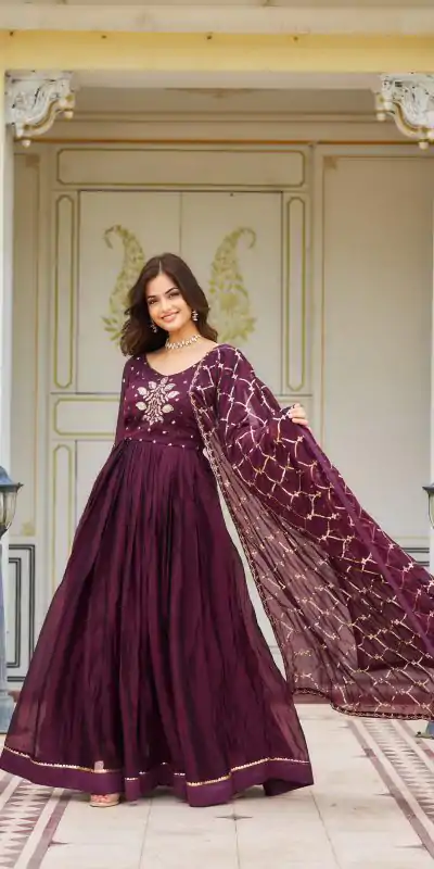 Majestic Purple Color Rangoli Sequence Embroidery Gown