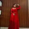 Red Buttrerfly Net Thread Sequnce Kurti