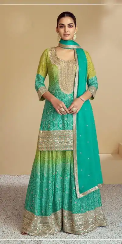 Perfect Firozi Color Chinon Digital Print With Mat Sequence Sharara Suit