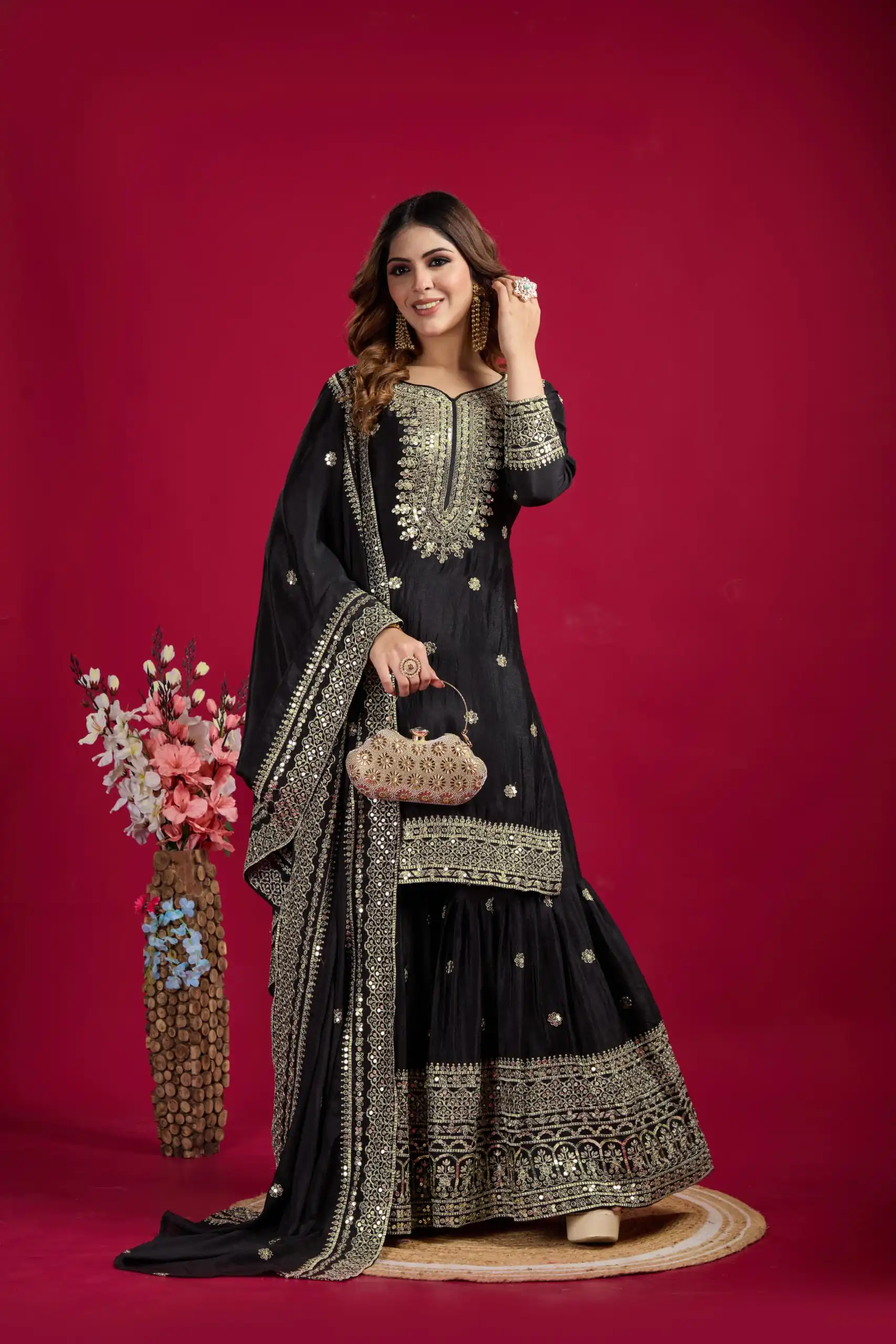 NSR-800 Black Color Chinnon Silk With Embroidery Work Sharara Suit Wedding, Party, Festive, Events Etc. Expected Delivery 4-6 Working Days @2149/- | Jump Suits, Salwar suit, Casual Suits, Creative suits, Designer Suits, Palazzo Suits, Party Wear Suits, Patiala Suits, Straight Suits