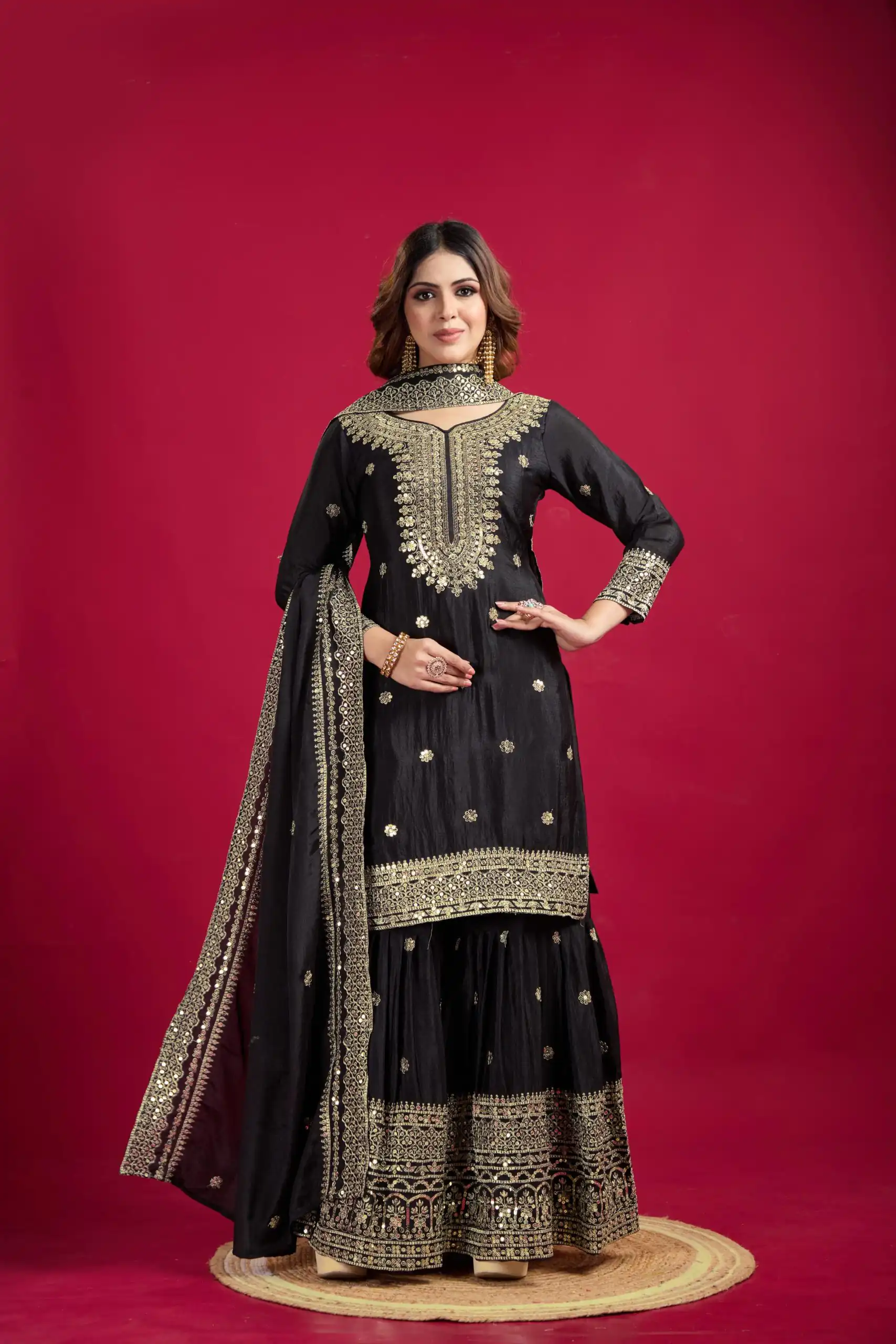 NSR-800 Black Color Chinnon Silk With Embroidery Work Sharara Suit Wedding, Party, Festive, Events Etc. Expected Delivery 4-6 Working Days @2149/- | Jump Suits, Salwar suit, Casual Suits, Creative suits, Designer Suits, Palazzo Suits, Party Wear Suits, Patiala Suits, Straight Suits