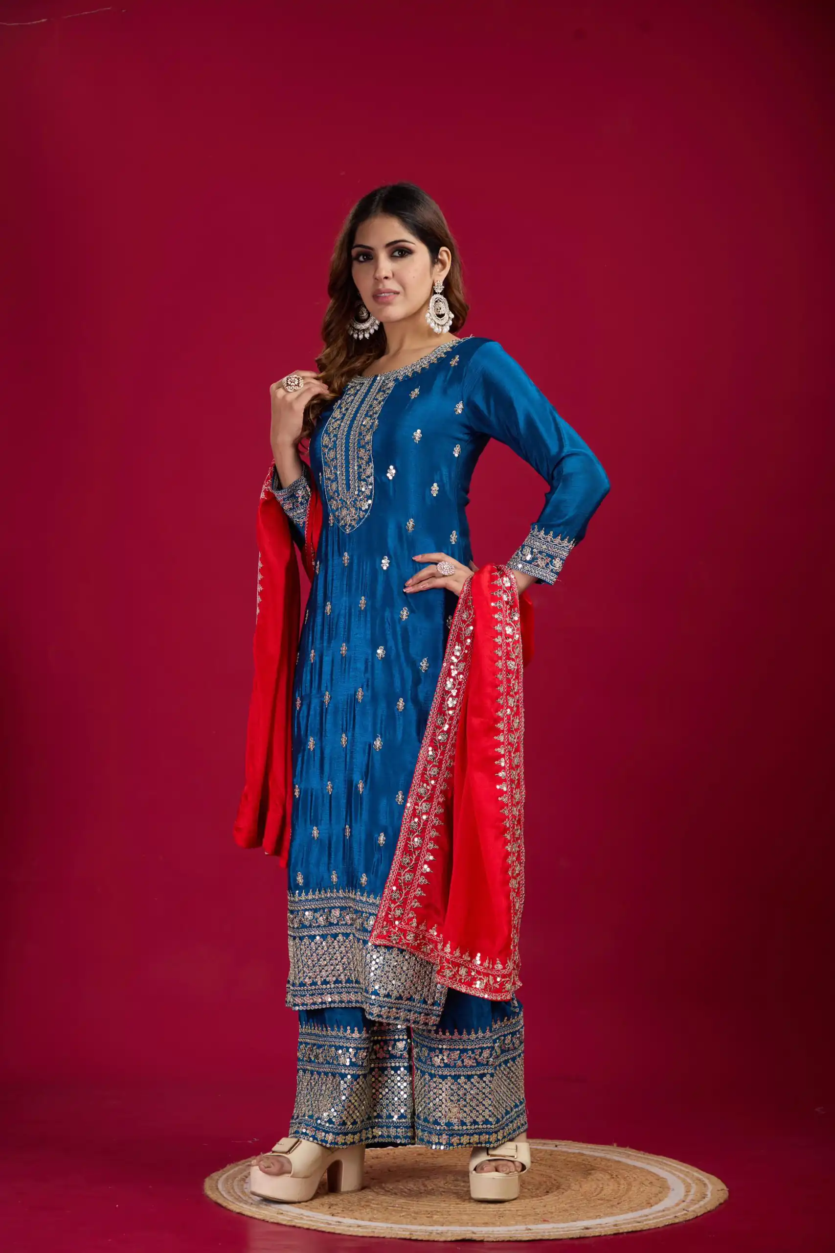 SRK 5231 Blue Color Pure Chinnon Silk With Embroidery Sequence Work Salwar Suit Casual, Wedding, Party, Festive, Events Etc.4-6 Working Days@ 1899/-only | Jump Suits, Salwar suit, Casual Suits, Creative suits, Designer Suits, Palazzo Suits, Party Wear Suits, Patiala Suits, Straight Suits