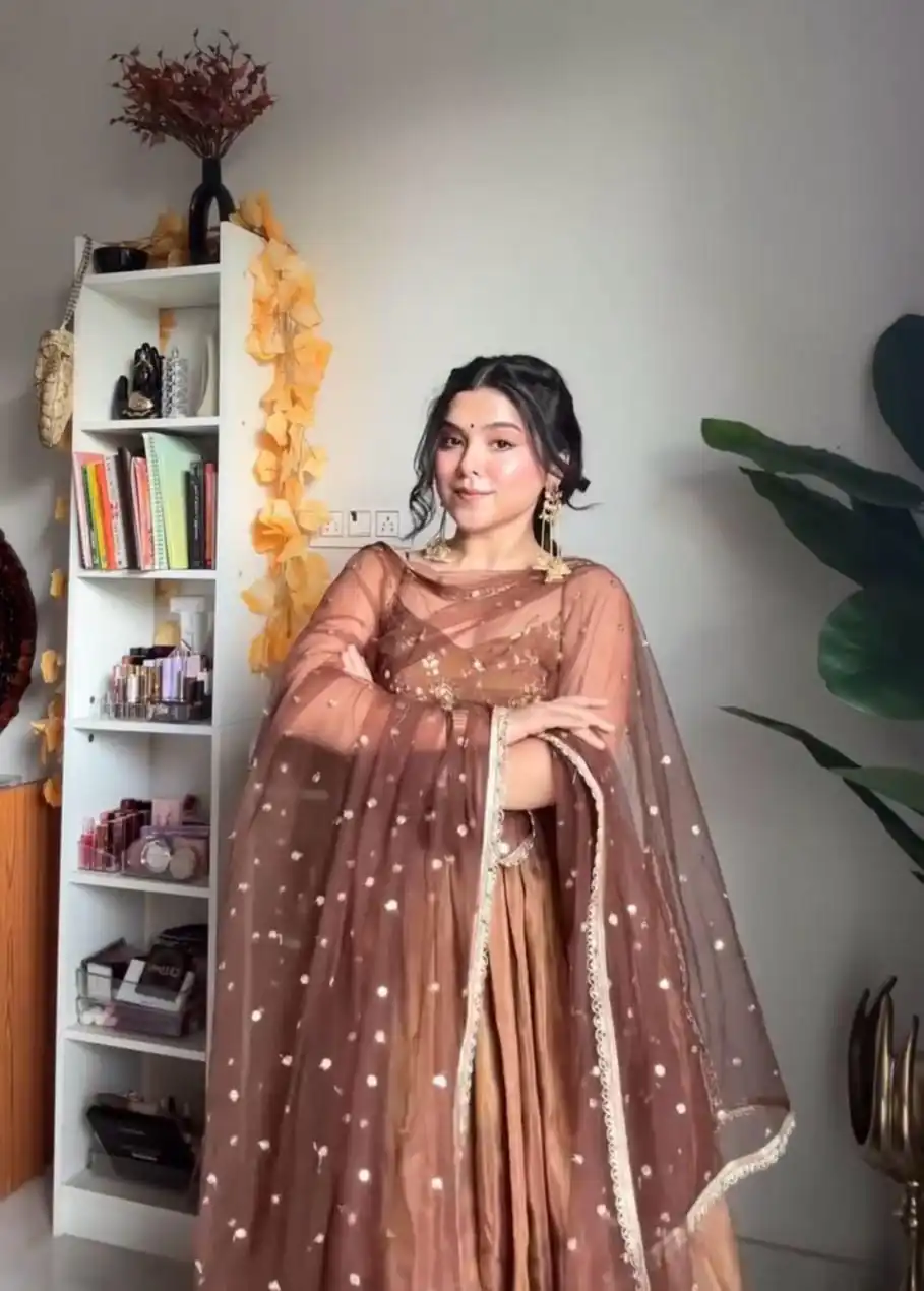 SRK 5239 Brown Color Fendi Silk With Embroidery Sequence Work Anarkali Gown Wedding Party, Festive, Events Etc.4-6 Working Days@1999/- only | Gowns, Bollywood Gowns, Creative Gowns, Designer Gowns, Embroidered Gowns, Party Wear Gowns, Straight Suits
