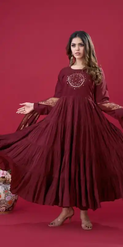 ZSR 3107 Maroon Color Roman Silk With Embroidery Sequence Work Anarkali Gown Wedding Party, Festive, Events Etc.4-6 Working Days@1999/- only | Gowns, Bollywood Gowns, Creative Gowns, Designer Gowns, Embroidered Gowns, Party Wear Gowns, Straight Suits