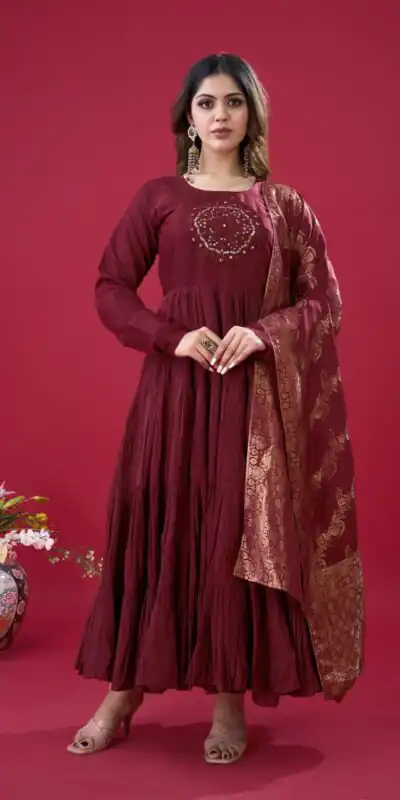 ZSR 3107 Maroon Color Roman Silk With Embroidery Sequence Work Anarkali Gown Wedding Party, Festive, Events Etc.4-6 Working Days@1999/- only | Gowns, Bollywood Gowns, Creative Gowns, Designer Gowns, Embroidered Gowns, Party Wear Gowns, Straight Suits