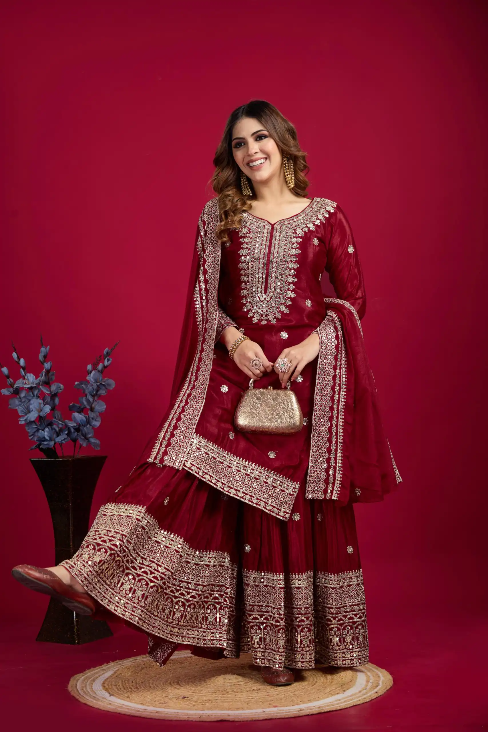NSR-800 Marron Color Chinnon Silk With Embroidery Work Sharara Suit Wedding, Party, Festive, Events Etc. Expected Delivery 4-6 Working Days @2149/- | Jump Suits, Salwar suit, Casual Suits, Creative suits, Designer Suits, Palazzo Suits, Party Wear Suits, Patiala Suits, Straight Suits