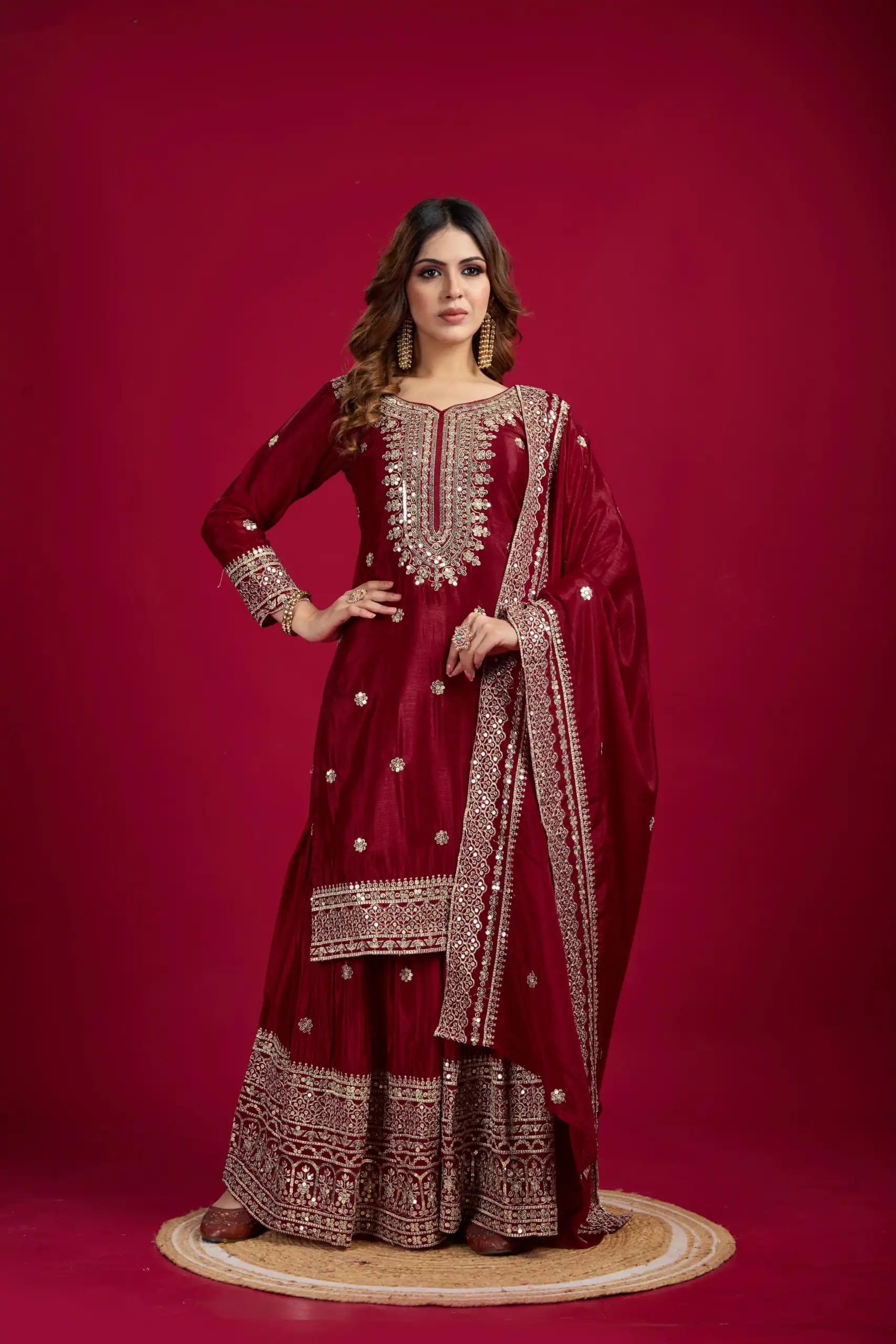 NSR-800 Marron Color Chinnon Silk With Embroidery Work Sharara Suit Wedding, Party, Festive, Events Etc. Expected Delivery 4-6 Working Days @2149/- | Jump Suits, Salwar suit, Casual Suits, Creative suits, Designer Suits, Palazzo Suits, Party Wear Suits, Patiala Suits, Straight Suits