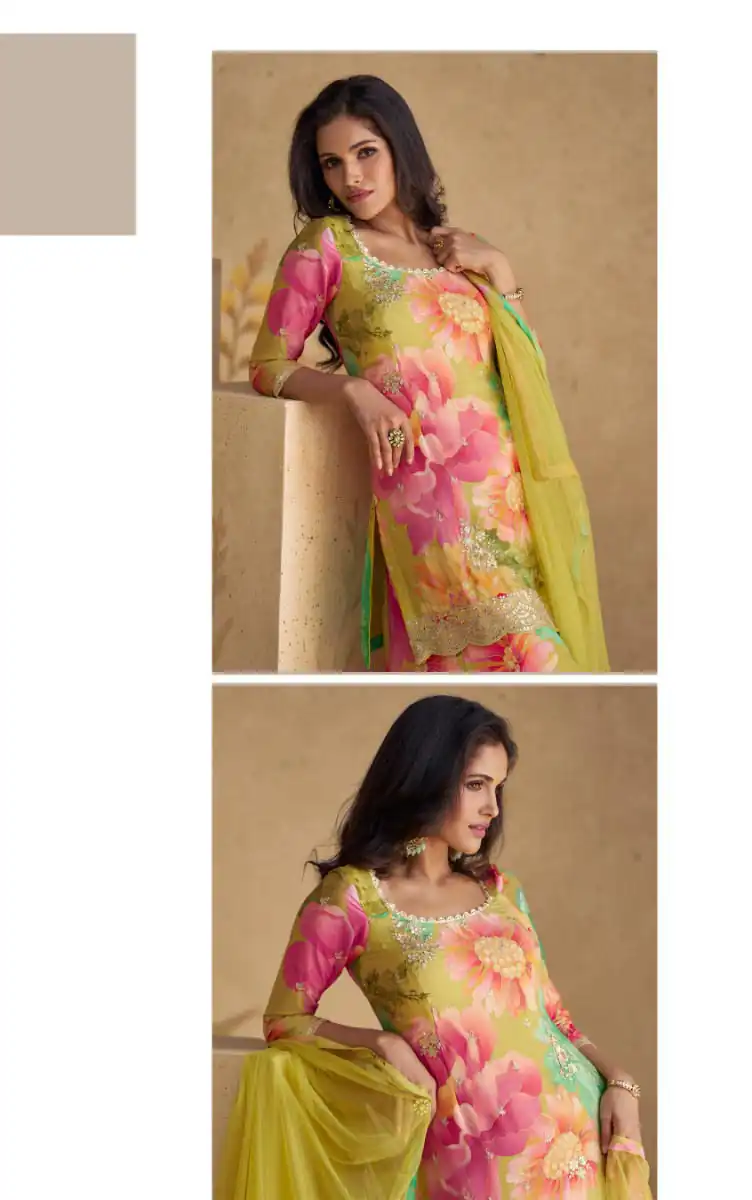 FC 5542 Pink Color chinon Print Silk with Dall Crepe Sharara Suit Wedding, Party, Festive, Events Etc.  Expected Delivery 4-6 Working Days @2099/- | Jump Suits, Salwar suit, Casual Suits, Creative suits, Designer Suits, Palazzo Suits, Party Wear Suits, Patiala Suits, Straight Suits