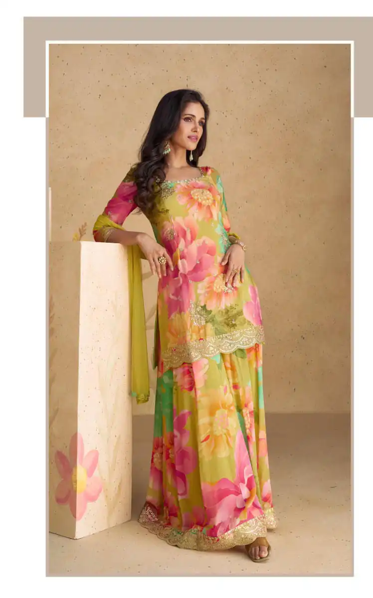 FC 5542 Pink Color chinon Print Silk with Dall Crepe Sharara Suit Wedding, Party, Festive, Events Etc.  Expected Delivery 4-6 Working Days @2099/- | Jump Suits, Salwar suit, Casual Suits, Creative suits, Designer Suits, Palazzo Suits, Party Wear Suits, Patiala Suits, Straight Suits