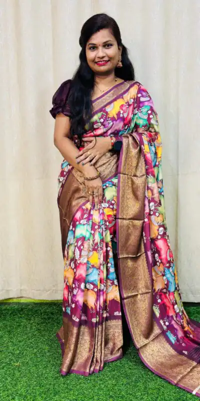 MS Kalamkari Purple Color Jacquard Dola Silk With Kalamkari Print Saree Casual, Wedding, Festive, Events . Expected Delivery  4-6 Working Days @1549/- only | Sarees, Bollywood Sarees, Creative Sarees, Designer Sarees, Embroidered Sarees, Ethnic Saree, Modern Digital sarees, Party Wear Sarees