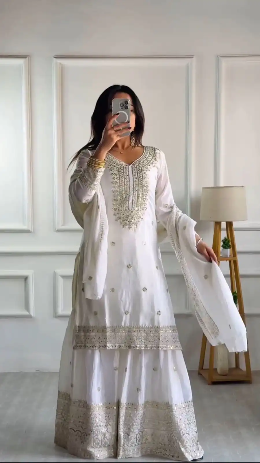 NSR-800 White Color Chinnon Silk With Embroidery Work Sharara Suit Wedding, Party, Festive, Events Etc. Expected Delivery 4-6 Working Days @2149/- | Jump Suits, Salwar suit, Casual Suits, Creative suits, Designer Suits, Palazzo Suits, Party Wear Suits, Patiala Suits, Straight Suits