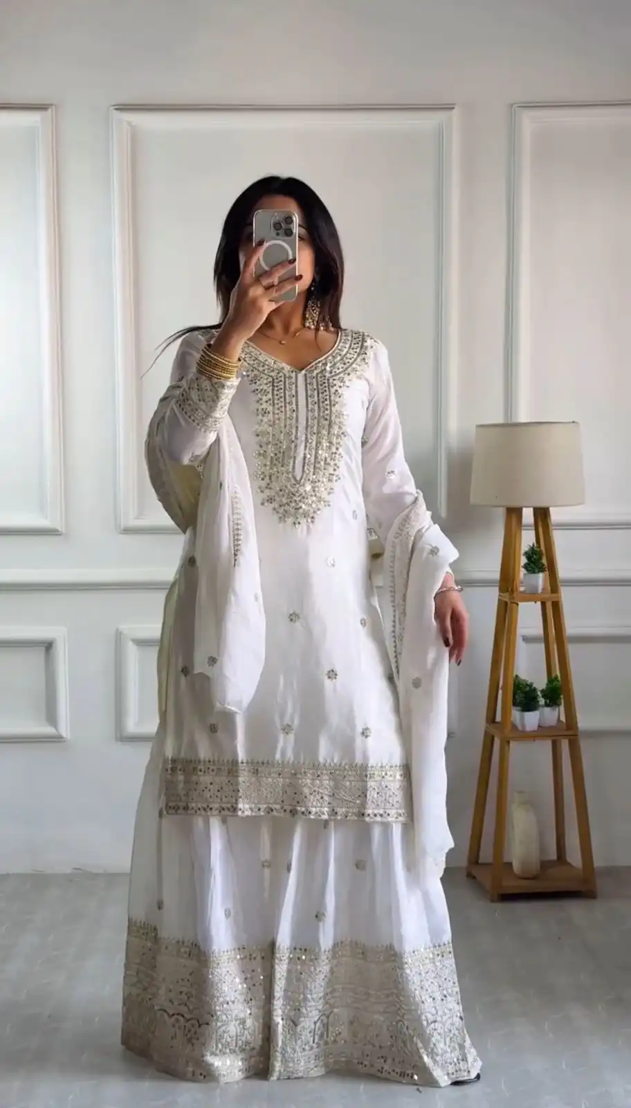 NSR-800 White Color Chinnon Silk With Embroidery Work Sharara Suit Wedding, Party, Festive, Events Etc. Expected Delivery 4-6 Working Days @2149/- | Jump Suits, Salwar suit, Casual Suits, Creative suits, Designer Suits, Palazzo Suits, Party Wear Suits, Patiala Suits, Straight Suits